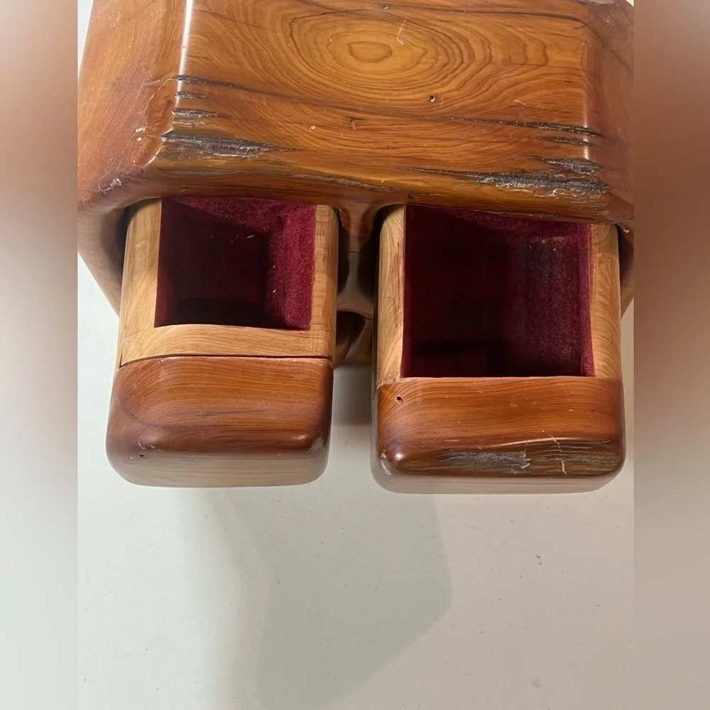 Jeff Trag Carved Knotty Wood Handmade 4 Drawer Jewelry Box Vintage Hand Carved